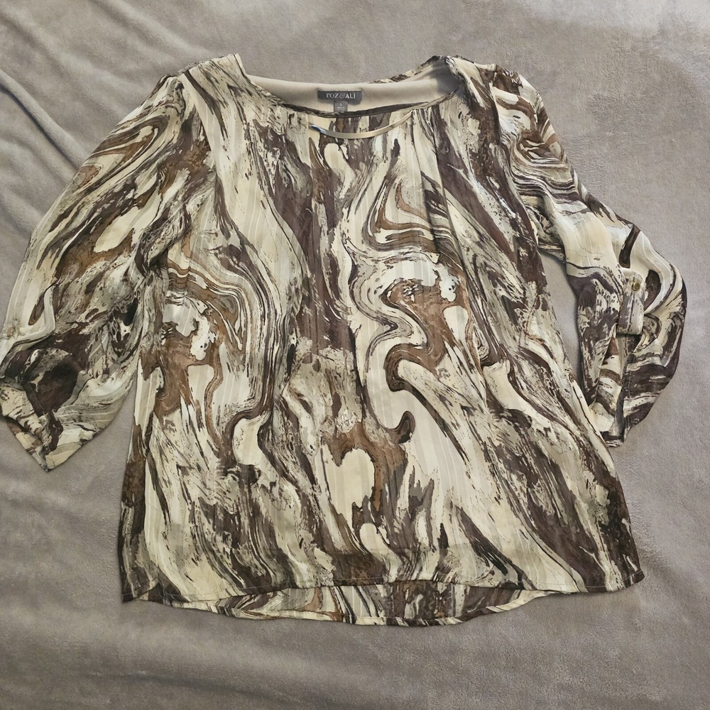 Roz & Ali Women's Large Swirl Brown‎ Flowy Blouse Cottage Core Bohemian